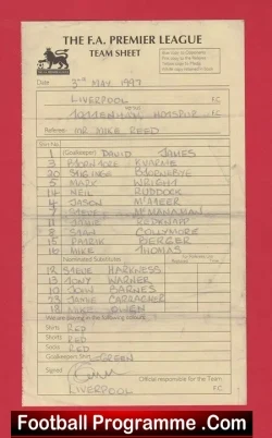 Liverpool v Tottenham 1997 – Referee Genuine Team Sheet LV