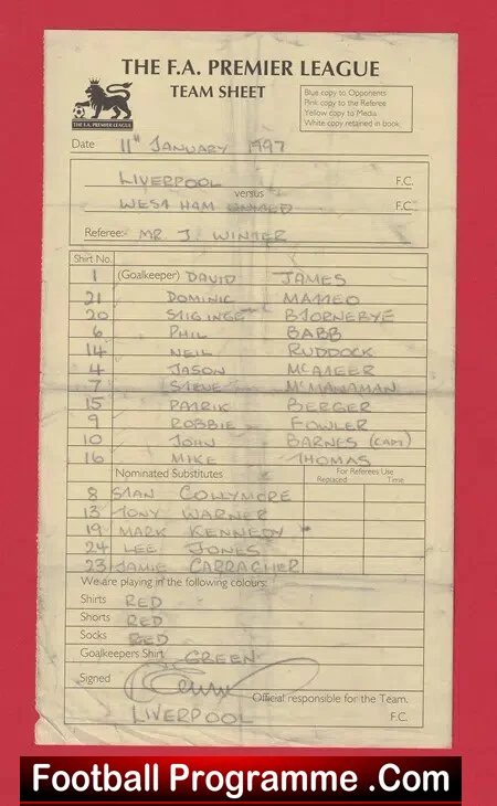 Liverpool v West Ham United 1997 - Referee Genuine Team Sheet LV