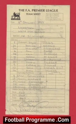Liverpool v West Ham United 1997 - Referee Genuine Team Sheet LV - football memorabilia
