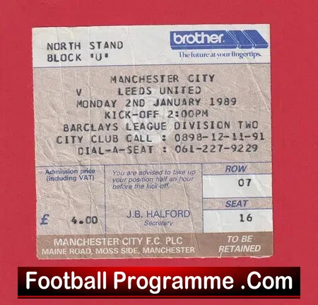 Manchester City v Leeds United 1989 – Ticket