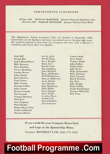 Manchester United Luncheon Club Menu Fergie Edwards Multi SIGNED