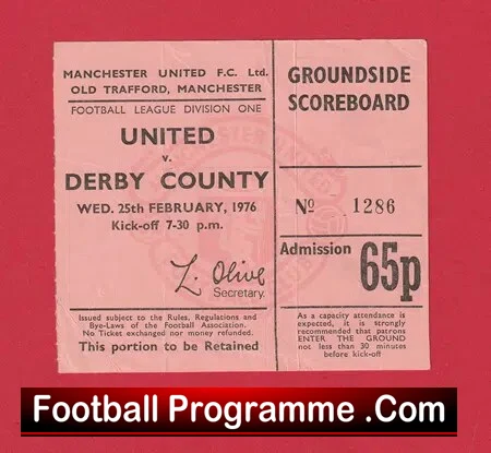Manchester United v Derby County 1976 – Football Ticket