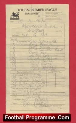 Manchester United v Liverpool 1997 - Referee Genuine Team Sheet - football memorabilia