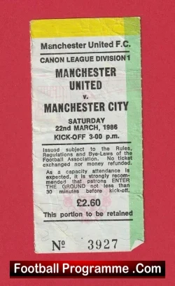 Manchester United v Manchester City 1986 – Ticket