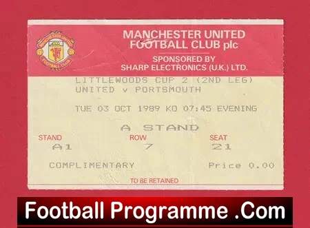 Manchester United v Portsmouth 1989 – League Cup Ticket