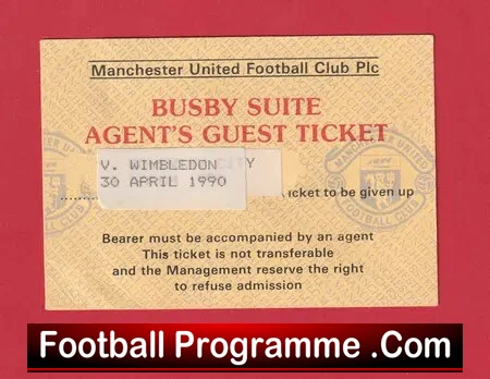 Manchester United v Wimbledon 1990 Matt Busby Suite Guest Ticket