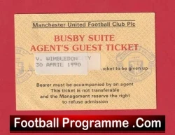 Manchester United v Wimbledon 1990 Matt Busby Suite Guest Ticket