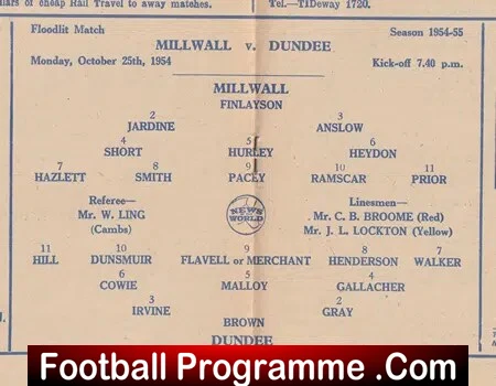 Millwall v Dundee 1954 - Friendly Match