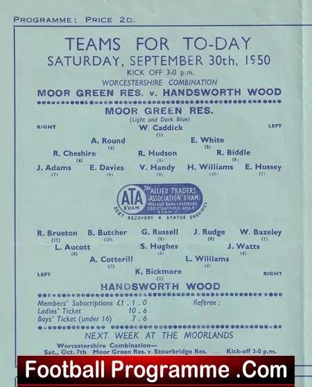 Moor Green v Handsworth Wood 1950 - Reserves Match