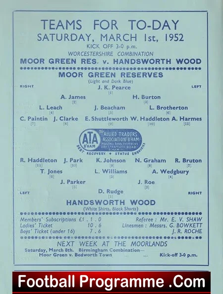 Moor Green v Handsworth Wood 1952 - Reserves Match