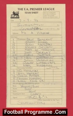 Southampton v Liverpool 1996 - Referee Genuine Team Sheet LV - football memorabilia