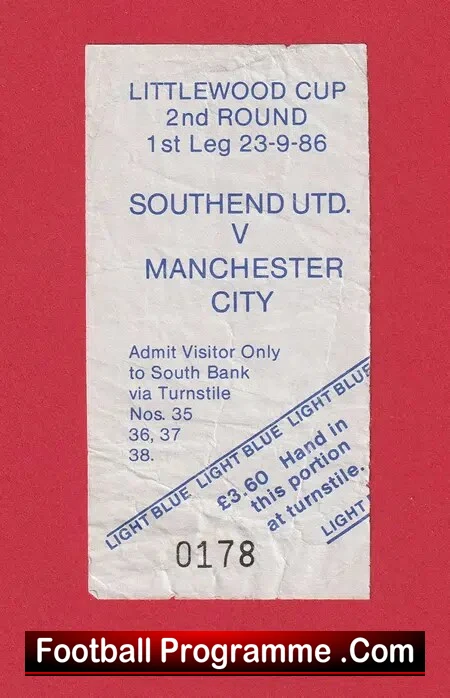 Southend United v Manchester City 1986 – Ticket + Rail Ticket