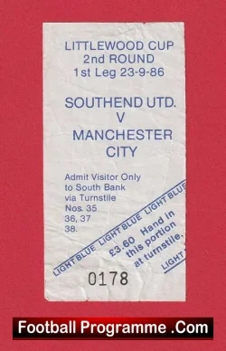 Southend United v Manchester City 1986 – Ticket + Rail Ticket