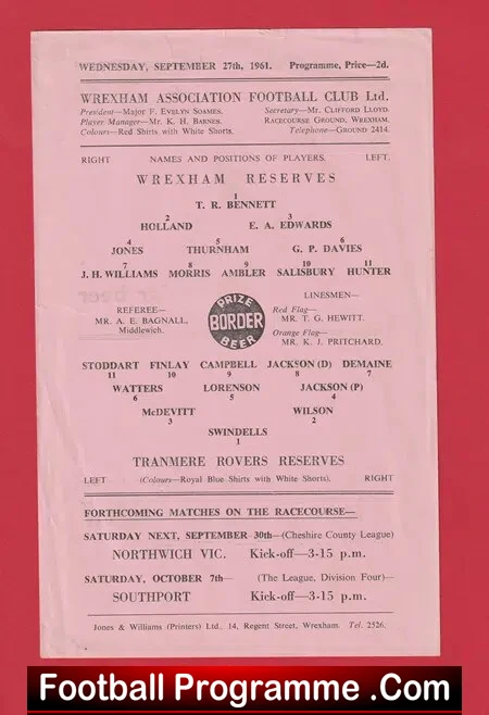 Wrexham v Tranmere Rovers 1961 – Reserves Match Single Sheet
