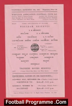 Wrexham v Tranmere Rovers 1961 – Reserves Match Single Sheet
