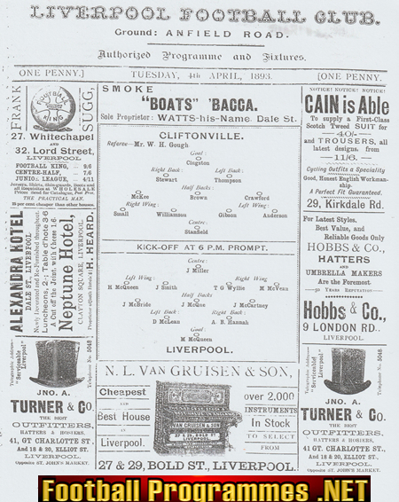 Liverpool v Cliftonville 1893 – 1800’s Programme – First Season