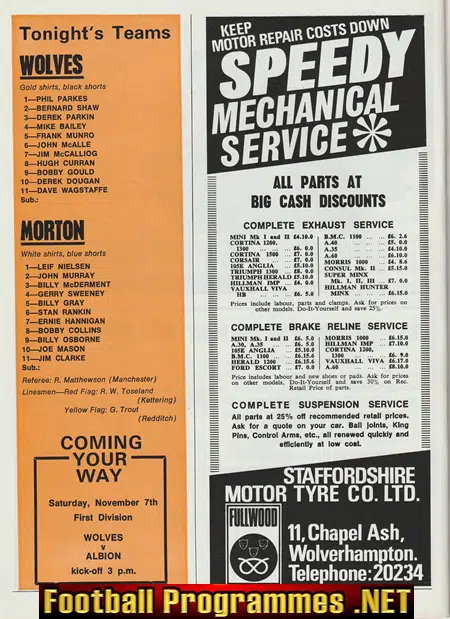 Wolves Wolverhampton v Morton 1970 - Texaco Cup