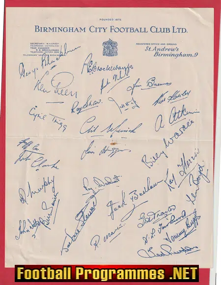 Birmingham City Football Club Official Autograph Sheet 1950s