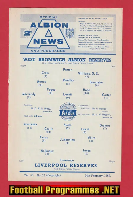 West Bromwich Albion v Liverpool 1962 - Reserves Match WBA