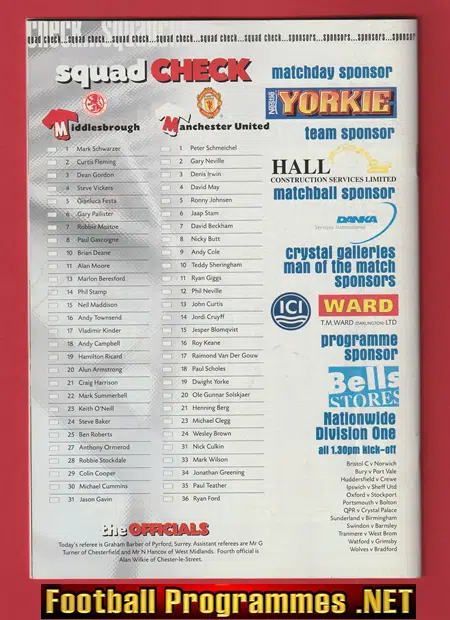 Middlesbrough v Manchester United 1999 - Treble Season Signed