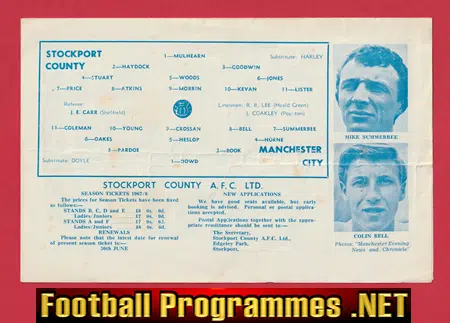Stockport County v Manchester City 1967 - Edgeley Park Friendly