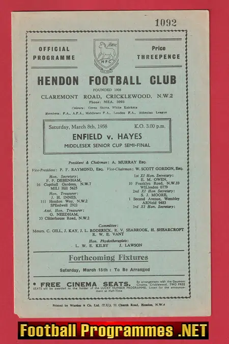 Hayes v Enfield 1958 – Cup Semi Final at Hendon
