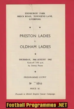 Preston Ladies v Oldham 1962 - Womens Football Programme 1960s