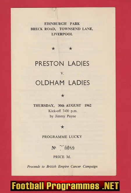Preston Ladies v Oldham 1962 - Womens Football Programme 1960s