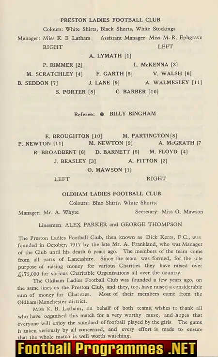 Preston Ladies v Oldham 1962 - Womens Football Programme 1960s
