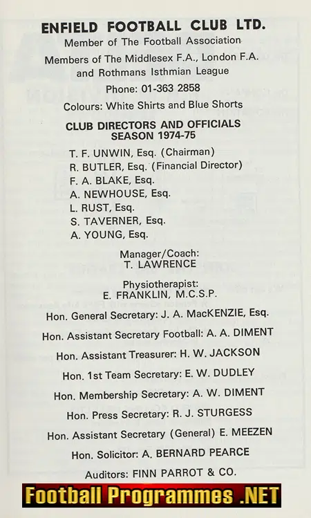 Enfield Football Club Official Handbook 1974 - 1975