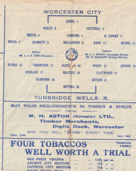 Worcester City v Tunbridge Wells Rovers 1939 – 1930’s To Clear!