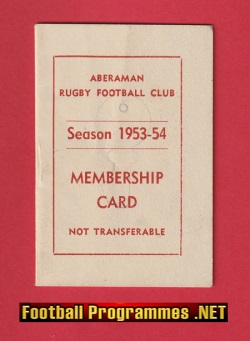 Aberaman Rugby Members Season Book – Membership Card 1953 – 1954