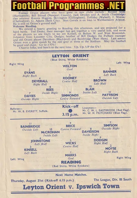 Leyton Orient v Reading 1950