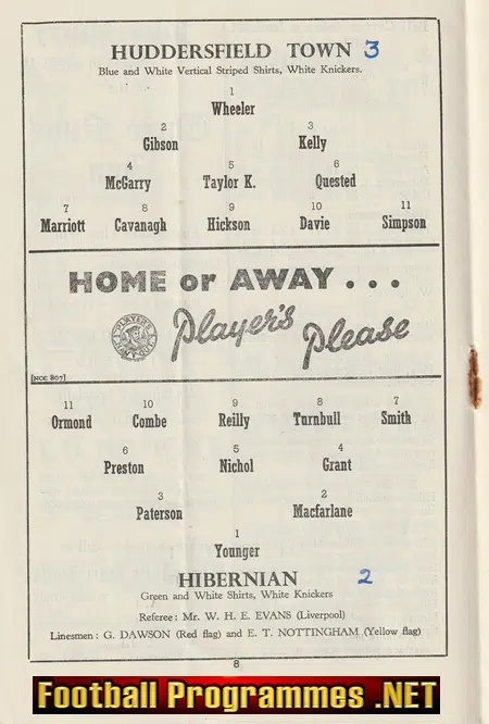 Huddersfield Town v Hibernian Hibs 1956 - Scotland Team