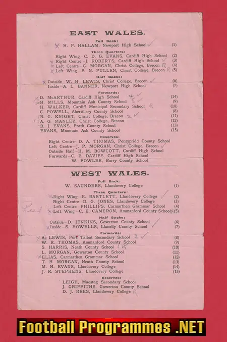 East Wales Rugby v West Wales 1925 Schools Cup Final Pontypridd