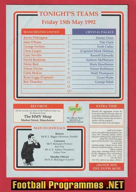 Manchester United v Crystal Palace - 1992 Youth Cup Final SIGNED