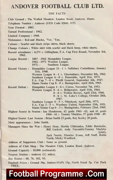 Andover Football Club Official Handbook 1973 - 1974