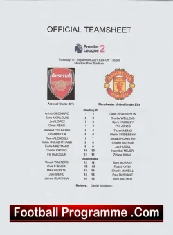 Arsenal v Manchester United 2021 - Under 23 - U23 - football programme