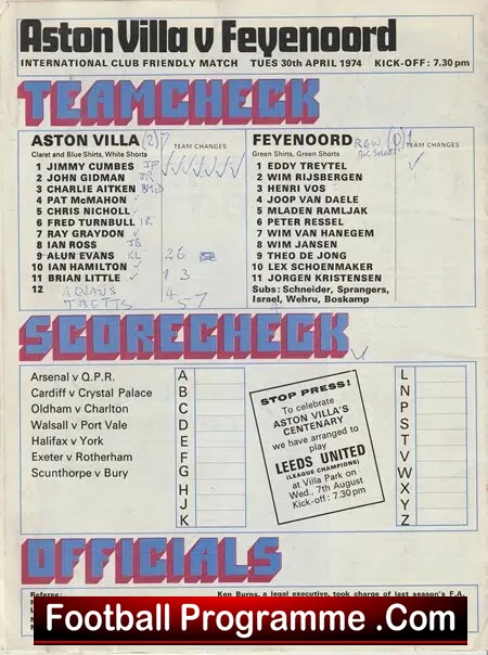 Aston Villa v Feyenoord 1974 - Friendly Match