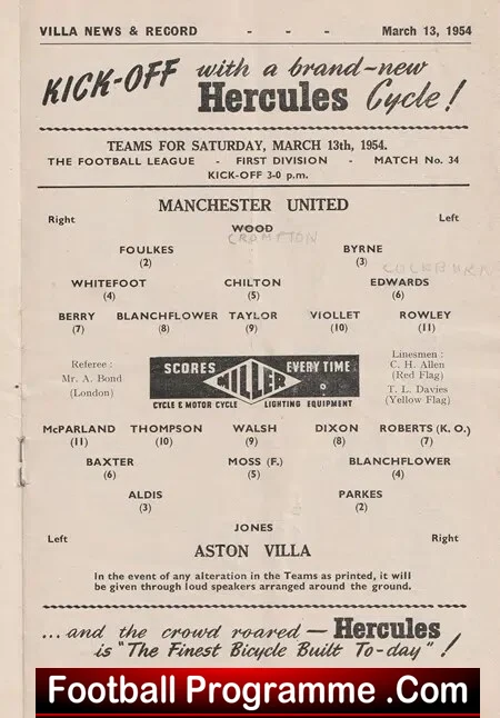 Aston Villa v Manchester United 1954 - Man Utd Busby Babes