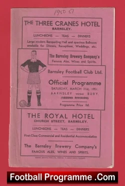 Barnsley v Bury 1951 - Old Football Memorabilia - football programme