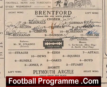 Brentford v Plymouth Argyle 1948 - Multi Autographed SIGNED