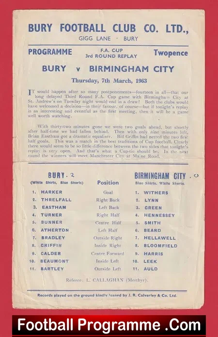 Bury v Birmingham City 1963 - FA Cup Replay Single Sheet