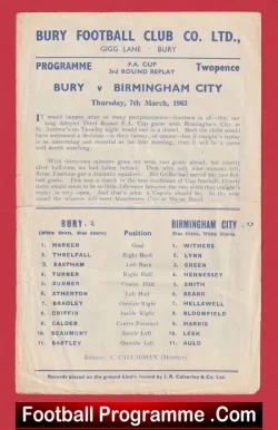 Bury v Birmingham City 1963 - FA Cup Replay Single Sheet - football programme