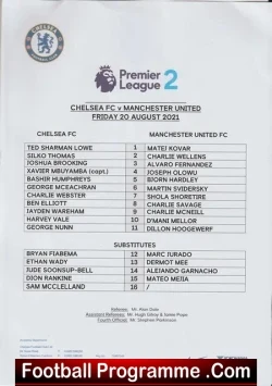 Chelsea v Manchester United 2021 - Reserves - football programme