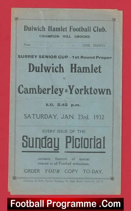 Dulwich Hamlet v Camberley Yorktown 1932 – Surrey Senior Cup