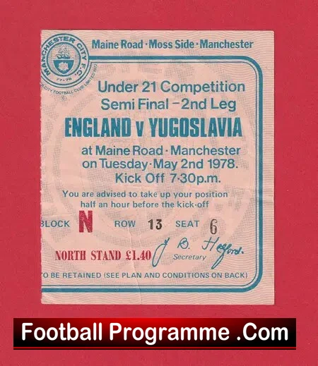 England v Yugoslavia 1978 – Football Ticket U21 Semi Final