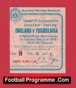 England v Yugoslavia 1978 – Football Ticket U21 Semi Final