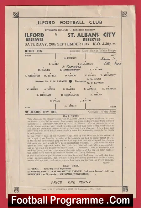 Ilford v St Albans City 1947 – Reserves Match