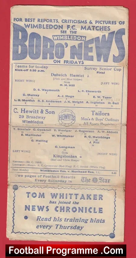 Kingstonian v Dulwich Hamlet 1937 – Senior Cup Final Wimbledon